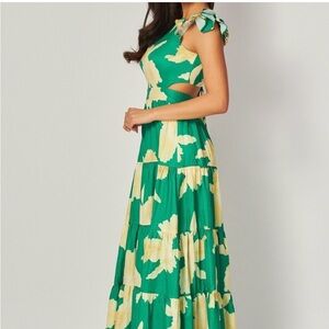 Green and Cream Floral Maxi Dress with Bow Shoulder